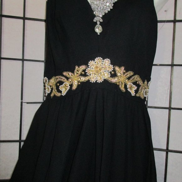 VINTAGE 70s JUMPSUIT PANTS BLACK WIDE LEG DISCO PALAZZO SEQUIN WAIST  28 Small - Picture 14 of 15